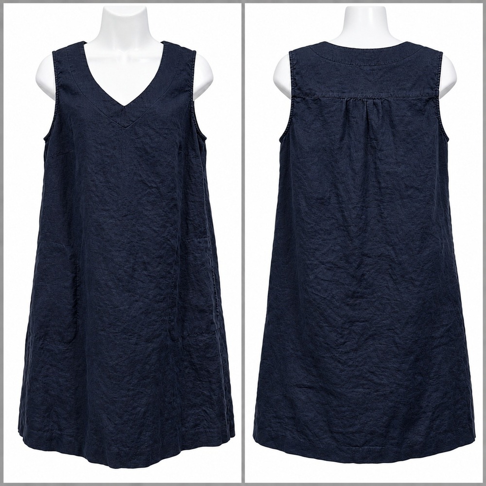 J.Jill Love Linen Mini Shift Dress V-Neck Pockets Above Knee Navy Blue Size S